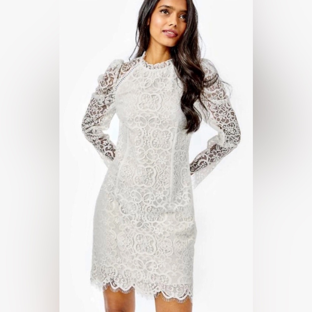 Lilly Pulitzer Lace Averi Cocont White Long Sleeve Shift Dress. Size 14